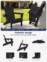 Folding Adirondack Chair, All-Weather HDPE Material, Black, 8 Pack | Wooden Textured Lawn Chair Patio Chairs for Poolside, Backyard, Deck, Fire Pit - Image 6