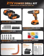 21V Cordless Drill Set with Case | Easy to Control & Lightweight | 2 Batteries | 3/8" Keyless Chuck | For Home Repair & Furniture Assembly - Image 7
