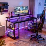 ODK 48 Inch Gaming Desk with LED Lights & Storage Shelves, Black | Customizable LED lighting • Raised monitor stand • Dedicated CPU stand • Organized gaming setup • Gaming & home office - Image 3