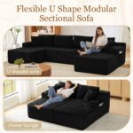 134 Inch Modular Sectional Sleeper Sofa, Boneless Cloud Couch for Living Room, U Shaped 5 Seat Sofa with 2 Storage Pockets& 2 Cup Holders, Free Combination, No Assembly Required (Black) - Image 6