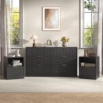3-Piece Modern Bedroom Furniture Set, Black丨6-Drawer Dresser & 1-Drawer Nightstands Set of 2, Natural Wooden Dresser and Nightstand Sets for Bedroom, Hallway - Image 2