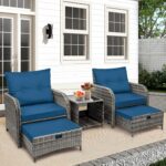 5 Pieces Wicker Outdoor Patio Chairs with Ottomans, All Weather PE Rattan Outdoor Conversation Set Bistro Patio Furniture Set with Hidden Ottoman for Porch Backyard Balcony, Blue - Image 2
