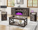 AMERLIFE Farmhouse 5 Piece Living Room Table Set, 63" TV Stand, Daark Oak | TV Console for Living Room with 23" Electric Fireplace, 40" Coffee Table and 2 End Tables with Charging Station and USB Ports - Image 2