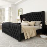 AMERLIFE Queen Size Bed Frame with Velvet Upholstered Wingback Headboard | Handmade Deep Button Tufted & Nailhead Trim Footboard for Bedroom, No Box Spring Needed, Black - Image 2