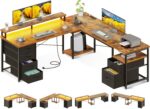 AODK 66" L Shaped Computer Desk, 113“ Reversible Home Office Desk with File Cabinet & 4 Fabric Drawers, Two Person Desk with LED Lights & Power Outlet, Corner Gaming Desk with Monitor Shelf, Vintage - Image 2