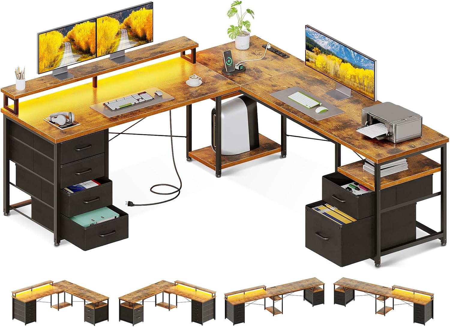 AODK 66" L Shaped Computer Desk, 113“ Reversible Home Office Desk with File Cabinet & 4 Fabric Drawers, Two Person Desk with LED Lights & Power Outlet, Corner Gaming Desk with Monitor Shelf, Vintage - Image 2