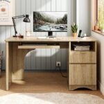 Bestier Computer Desk with Drawer, 55 inch Office Desk with Power Outlet, Modern Home Office Desk with Keyboard Tray (Natual Oak, 55" W with Single-Sided Drawers) - Image 2