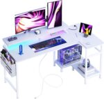 DUMOS L Shaped Gaming Desk, 48" Computer Desks with Storage Shelves | Coner Desk with USB Charging Ports, Power Outlets, LED Lights and Monitor Stand for Home Office, White - Image 2