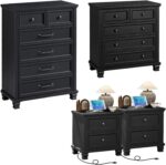 Farmhouse Bedroom Dresser and Nightstand Set of 4, 6 Drawer Tall & 5 Drawers Dresser & 2 Drawer Nightstand Set, Rustic Wood Furniture Set for Bedroom, Hallway, Black - Image 2