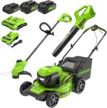 Greenworks 48V (24V x 2) 20" Cordless Battery Mower, 12" String Trimmer/Edger, & 320 CFM Blower Combo Kit w/ (2) 4.0Ah Batteries, (1) 2.0Ah Battery & Chargers - Image 2