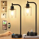 Industrial Bedside Lamps Set of 2, Fully Dimmable Desk Lamps for Bedroom | Glass Shade, USB C+A Charging Port & Outlet, Black Nightstand Table Lamps for Living Room, Office, Reading, Vintage - Image 2