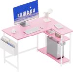 Pamray 40 Inch L Shaped Computer Desk with Reversible Side Storage Shelves, Small Corner Desk for Small Space Home Office, Writing Study Table PC Desk for Bedroom, Pink - Image 2