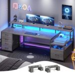 SEDETA 75'' Large Home Office Desk with 5 Drawer, Power Outlet, File Drawer | 23.6" W Desktop Computer Desk with Storage Shelves, Monitor Shelf, Led Lights, for Home Office, Dorm, Gaming Room, Grey - Image 2