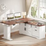 SEDETA Farmhouse 55 inch L Shaped Standing Desk with Storage Drawers | Height Adjustable Corner Computer Desk with Power Outlets, Sliding Bar Door for Home Office, White - Image 2