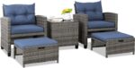 Shintenchi 5 Pieces Patio Furniture Set, Outdoor Wicker Patio Conversation Set with Ottoman, All Weather Rattan Outside Chairs with Coffee Table & Cushion for Porch, Garden, Backyard, Navy - Image 2