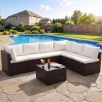 Sweetcrispy Outdoor Sectional Sofa, Patio Sofa, Coffee Table | Modular PE Wicker Rattan, Thick Cushions, 7-Piece, Backyard Poolside Garden Deck, Brown - Image 2