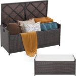Tangkula 34 Gallon Outdoor Storage Bench with Seat Cushion, Patio Mix Brown Wicker Deck Box with Waterproof Liner and Side Handles, Outdoor Storage Bench for Cushions, Garden Tools, Pool Accessories - Image 2