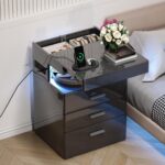 Treocho Led Nightstand with Hidden Space & Charging Station | 3 Drawer Smart Nightstand, Glossy Finish, RGB Lights, Tall Bedside Table for Bedroom, Black - Image 2