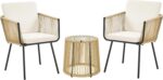 Yaheetech 3 Piece Patio Rattan Bistro Set, Outdoor All Weather PE Wicker Conversation Furniture Set with 2 Chairs & Tempered Glass Top Table & Cushions, for Poolside/Porch/Garden/Yard, Tan/Cream - Image 2